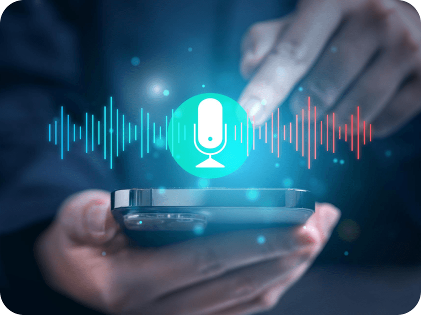 Hands holding smartphone with digital microphone icon for live audio streaming CDN delivery