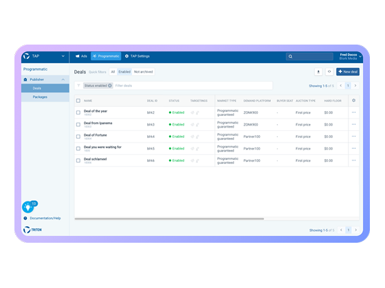 Captura de pantalla del panel de control TAP Programmatic