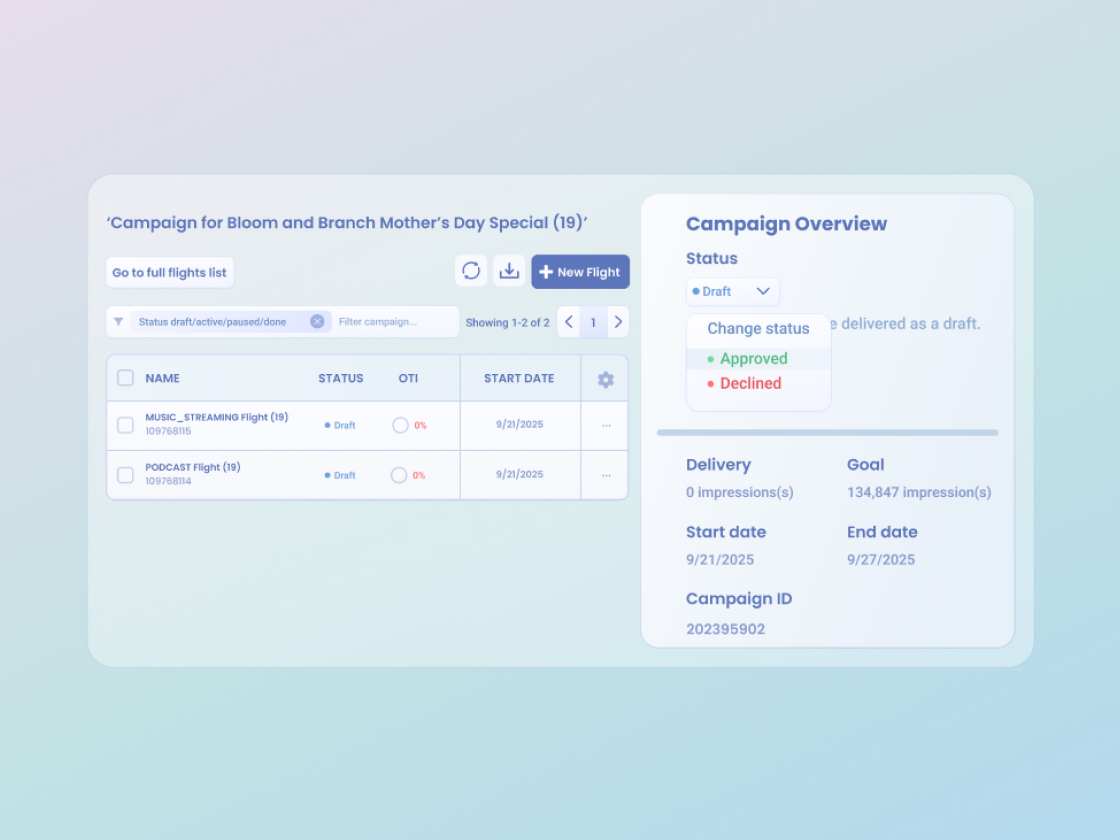 Campaign approval workflow UI in AdBuilder